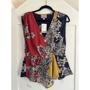 Anthropologie BARASCHI ANILA Multicolor Faux Wrap Peplum Sleeveless Blouse Sz L